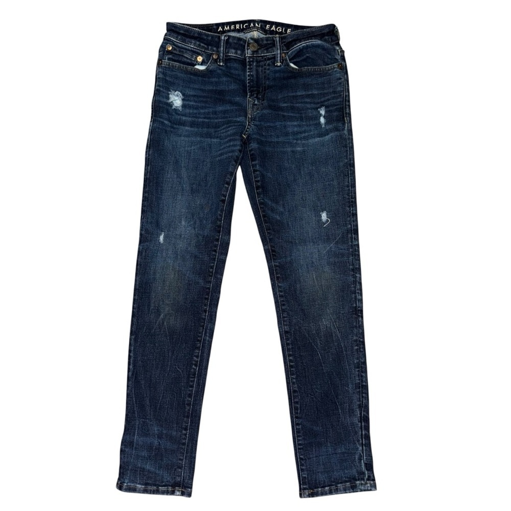 American Eagle Airflex Womanโs Jeans SZ 29/30 Skinny Indigo Blue Distressed
